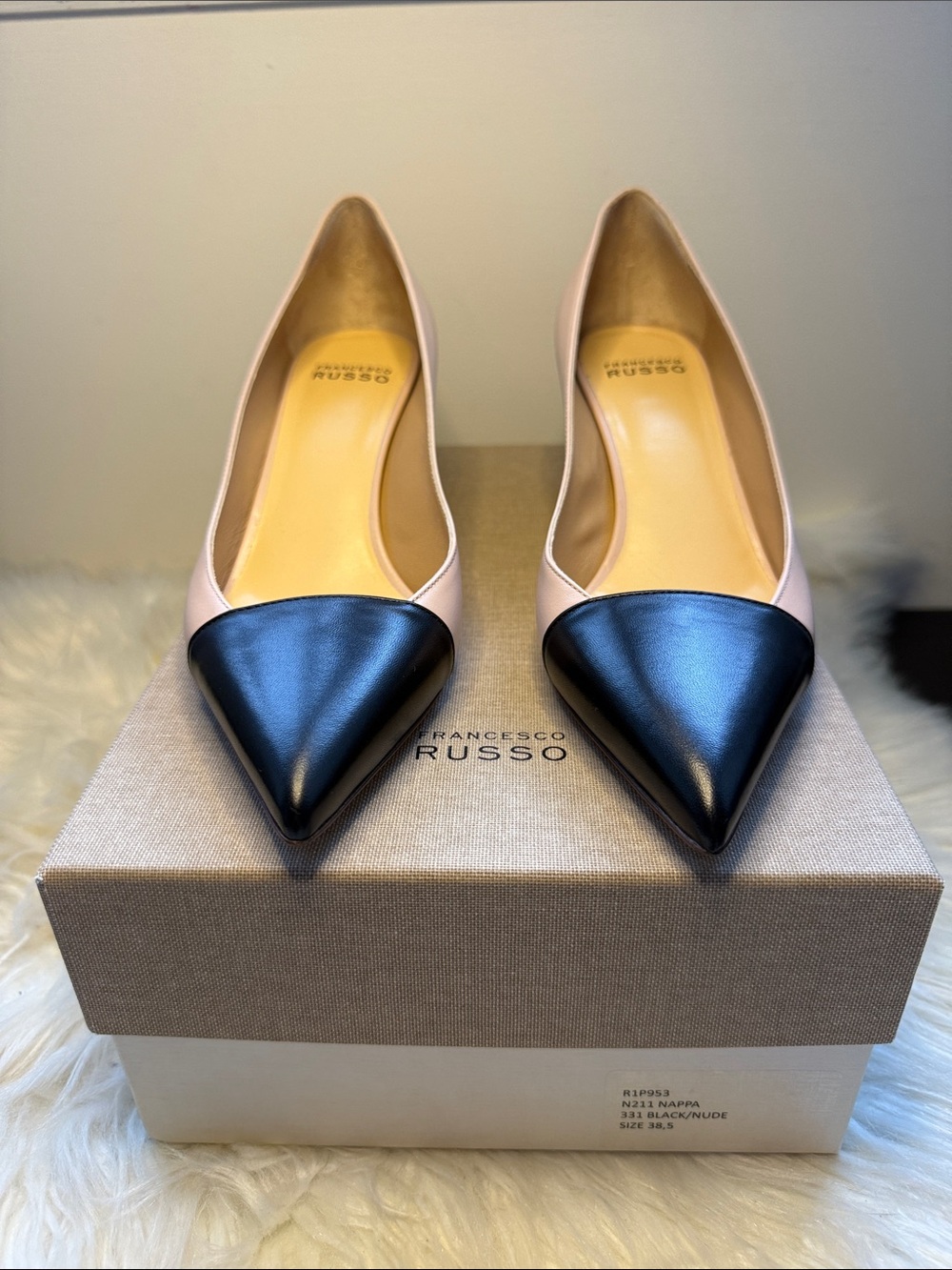 Francesco Russo Two-Tone Black & Nude Pointed Leather Flats